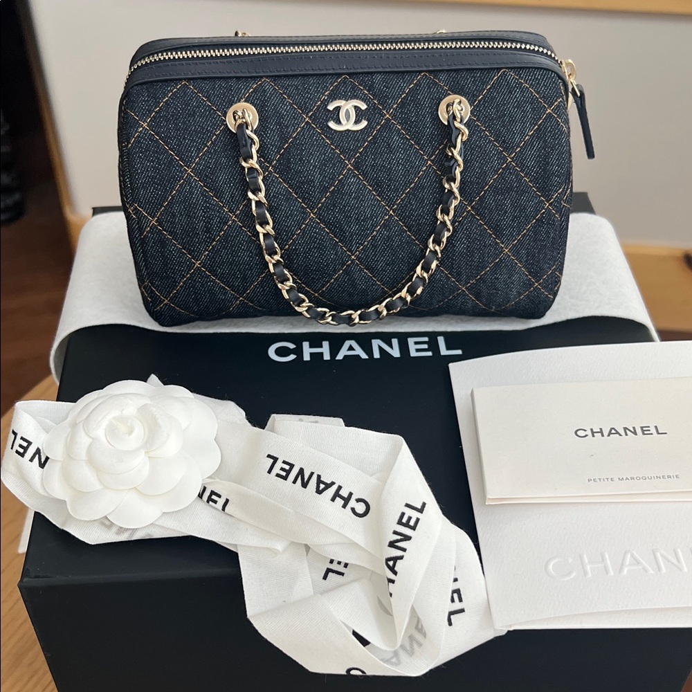 Chanel 26P Classic Mini Barrel Bag with Chain Quilted Dark Blue Denim 💙